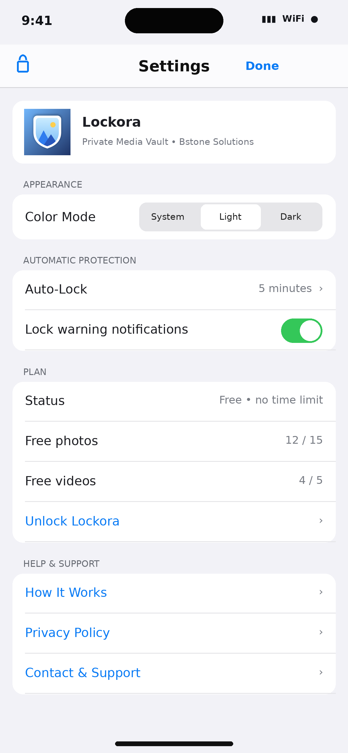 Settings screen